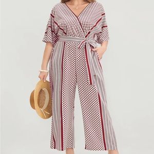 NWT-Geometric Contrast Dolman Sleeve Pocket Belted Wrap Jumpsuit